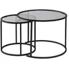 MENZZO Ensemble de 2 tables basses gigognes rondes Taky Métal Noir et Verre trempé Transparent