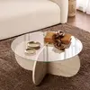 Table basse ronde en verre Aeris travertine, verre transparent