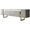 MENZZO Meuble Tv design 2 portes basculantes Merany L180cm Bois Effet travertin beige et Métal Or
