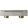 MENZZO Meuble Tv design 2 portes basculantes Merna L180cm Bois Effet travertin beige et Métal Or