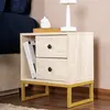 MENZZO Table de chevet 2 tiroirs Franko L45,2xH50cm Bois Effet travertin et Métal Or