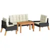 vidaXL Salon de jardin 4 pcs et coussins Résine tressée et bois massif