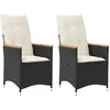vidaXL Chaises inclinables de jardin lot de 2 et coussins noir rotin