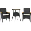 vidaXL Ensemble à manger de jardin et coussins 3 pcs noir rotin acacia