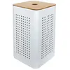 GELCO Panier à linge en métal blanc avec couvercle bois - Blanc - 30 x 30 x 50 cm