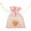 CHAKS - 4 gestreepte zakjes in pastelroze en kant 8 x 10 cm met houten...