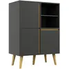 HOMCOM Meuble TV Hi-fi sur pied design scandinave 3 portes 3 étagères 2 niches verre trempé bois gris