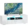HOMCOM Meuble TV banc TV LED 2 étagères placards blanc laqué