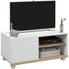 HOMCOM Meuble TV sur roulettes avec 2 freins - 2 niches + placard porte 2 passe-fil - panneaux particules blanc chêne clair