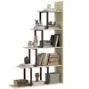 HOMCOM Étagère bibliothèque séparateur de pièce style industriel en escalier 5 étagères acier noir panneaux aspect bois chêne clair