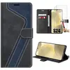 E.F.CONNECTION Coque et 2 Verres Trempés pour Samsung Galaxy S24 Anti-Rayures Cuir PU Noir-Bleu Marine Bicolore Portefeuille