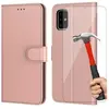 PROSHOP Pack de 2 Verres Trempés et Coque Pour Samsung A51 (6.5") Rose Effet Cuir Protection 360 degré Porte-Carte Portefeuille