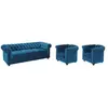 VENTE-UNIQUE Canapé CHESTERFIELD 3 places et 2 fauteuils - Velours bleu canard - Vintage - Fixe - Confort ferme