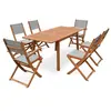 sweeek - Almeria houten tuinset, 120-180cm rechthoekige tafel, 2 fauteuils en 4 eucalyptus en textilene stoelen