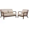 SWEEEK Banquette 2 places + Fauteuil en bois et tissu beige. bois d'hévéa teinté noyer clair