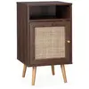 SWEEEK Table de chevet en cannage - Bohème - 40x39x65.8cm. couleur noyer - 2 niveaux - 1 porte - 1 espace de rangement - pieds scandinaves