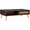 SWEEEK Table basse en cannage 110x59x39cm - Bohème - couleur bois foncé. 1 tiroir. 1 espace de rangement. pieds scandinaves
