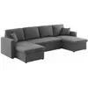 SWEEEK Canapé panoramique convertible en tissu gris foncé. 4 places. coffre rangement. lit modulable