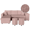 LOUNGITUDE Canapé d'angle réversible convertible OSLO avec coffre, 2 poufs à droite en velours côtelé rose