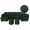 LOUNGITUDE Canapé panoramique OSLO convertible avec 2 coffres, 2 poufs à droite en velours côtelé vert foncé