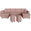 LOUNGITUDE Canapé panoramique OSLO convertible avec 2 coffres, 2 poufs à gauche en velours côtelé rose