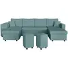 LOUNGITUDE Canapé panoramique OSLO convertible avec 2 coffres, 2 poufs à gauche en velours côtelé bleu clair