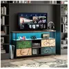 Meuble TV - DREAMMESPACE - 137x30x78cm - 4 tiroirs - LED - Métal noir et tissu coloré