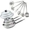 Set de 3 poêles 20 24 et 28 cm en inox 3 couvercles verre et 6 ustensi...
