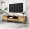 MODERNLUXE Meuble TV 200 cm en rotin Style campagnard , Banc tv en bois 2 portes 2 tiroirs 2 compartiments pour salon ou pour la chambre, Brun