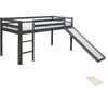 Lit mezzanine mixte - Gris - Sommier à lattes - Toboggan - Bois et MDF