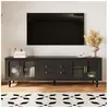 DREAMMESPACE Meuble TV 175x38x55.5cm, style rétro, avec 2 portes vitrées et 2 tiroirs, pieds en bois massif, noir