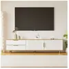 DREAMMESPACE Meuble TV 175x40x45cm, avec 2 portes et 2 tiroirs, plaque à texture sculptée, avec structure en marbre, pieds dorés, blanc