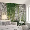 Steenmuur behang met planten, wingerd behang in 3D-look, steeneffect v...