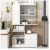 DREAMMESPACE Bibliothèque 6 étagères 100x30x173.5cm, étagères verticales avec portes et tiroirs, étagère en acier, blanc avec cadre doré