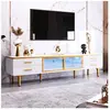 Meuble TV - DREAMMESPACE - Aspect marbre - 4 tiroirs - 2 portes en verre trempé marron - Blanc + Doré