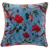 J-Line coussin Oiseaux/Fleurs - velours/coton - bleu