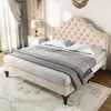 MERAX BM Lit adulte 140x190cm en velours, désign chesterfield, lit double capitonné en velours, tête de lit réglable, sans matelas, beige