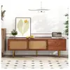 MODERNLUXE Meuble TV 160cm, rangement pour salon, avec 2 portes coulissantes en rotin et 2 tiroirs utilitaires, pieds en bois massif, marron