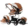 LUXCAR Poussette Bebe Trio Combinée Landreau Reversible Grand Luxe en Cuir PU Hyper Confort Cadre Haut Alu Robuste et Leger Design Marron