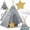 Nukido Kinder tipi tent met lichtjes - grijs met sterren - 120x120x165 cm