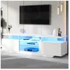 NECHE Meuble TV Blanc Moderne 2 Portes Brillantes Éclairage LED Verre ...
