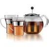Bodum K1801-16CAR ASSAM SET Théière à piston couvercle et filtre inox 1.0 l, avec 2 tasses en verre anse inox, 0.35 l