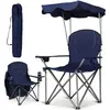 COSTWAY Chaise de Camping Pliante avec Pare-soleil, Porte-gobelet, Fauteuil de Pêche Portable Charge 120 KG, Sac de Rangement, Bleu