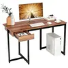 COSTWAY Bureau Informatique avec Tiroir, Cadre en Métal, Repose-pieds Réglables, 120 x 55 x 75 cm, Noyer