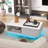 Table Basse Salon COSTWAY - Lumières LED 20 Couleurs - 95 x 55 x 31 CM - Table Basse LED avec Grand Tiroir et Compartiment - Blanc