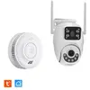 Kit Double Caméra extérieure KYF rotative IP 3MP Wifi vision nocture couleur + Détecteur de fumée connecté 10 ans Normes CE EN