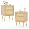COSTWAY Lot de 2 Table de Chevet en Rotin, 2 Tiroirs et 4 Pieds en Pin...