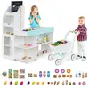 DREAMADE Jeu de Supermarché Marchande Enfants avec 39 Accessoires, Chariot, Lumières LED, Caisse Enregistreuse, Tableau Noir, Convoyeur