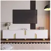 NECHE Meuble TV Moderne Blanc Et Bois - 4 Portes Finition Marbre Pieds...