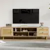 YOLEO Meuble TV Porte en Rotin 160 cm,Commode bas Pour téléviseur 70" - 5 compartiments de rangement et 2 tiroirs